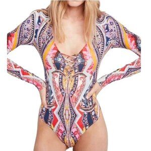 FREE PEOPLE Pick A Place Thong Bodysuit Sz Small Vintage Print